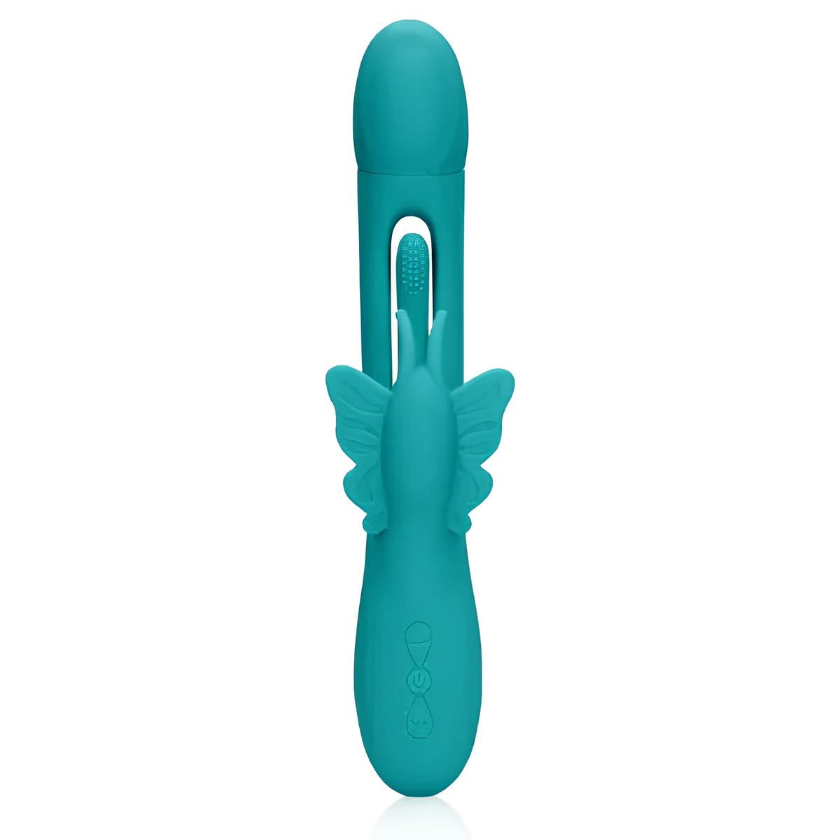 Вибратор Flapping G-Spot Butterfly на Shots в зелено-синьо, изглед отпред: пеперудено рамо, ресни и бутони на дръжката