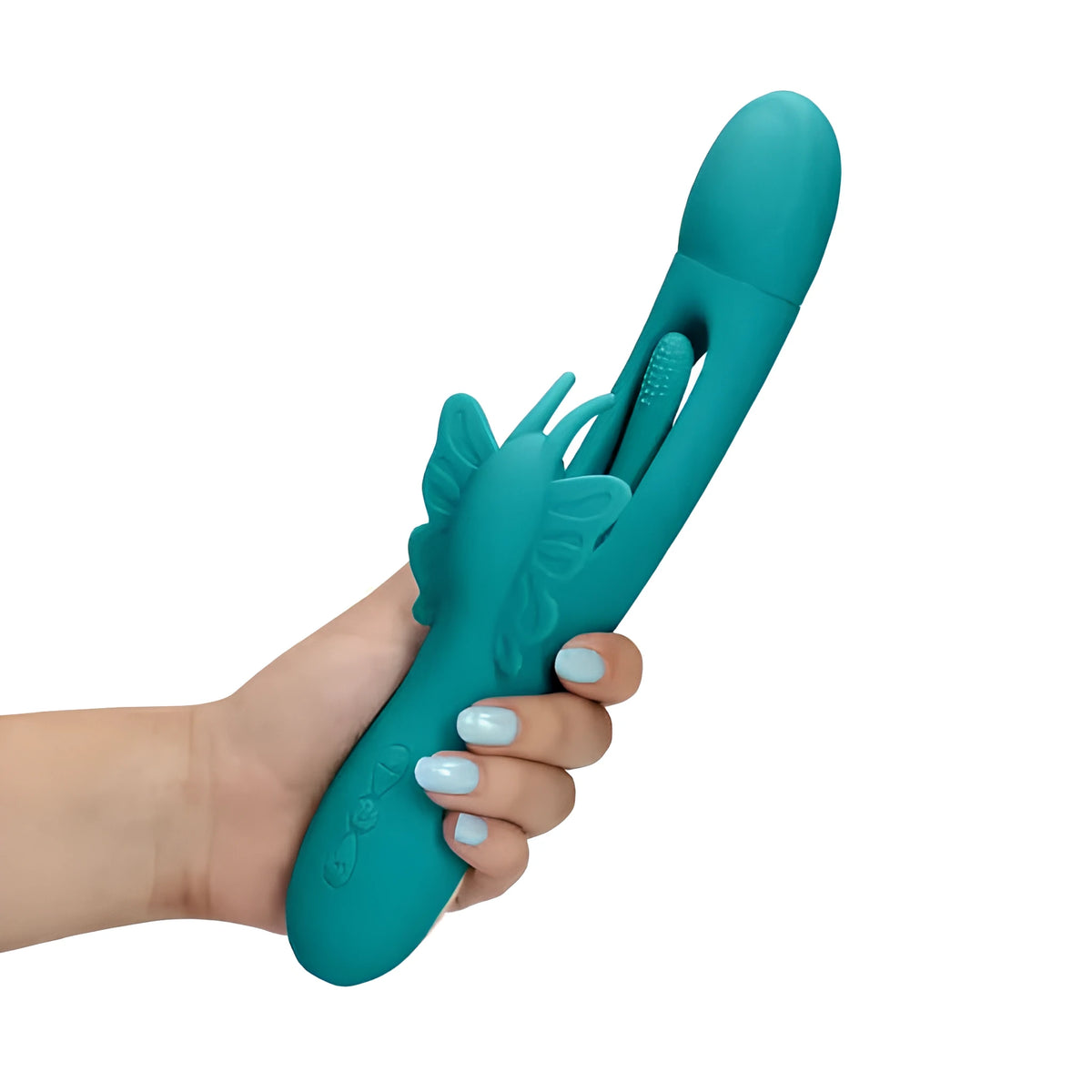 Вибратор Flapping G-Spot Butterfly на Shots в тюркоазен цвят, държан в ръка за показване на размера, с пеперуда и подвижно рамо