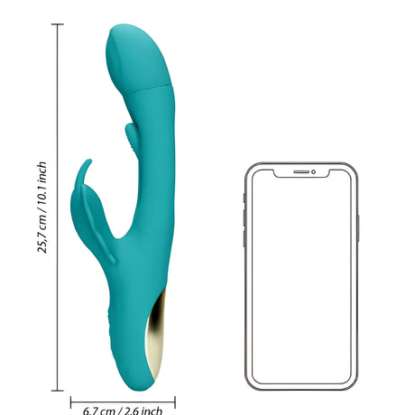 Вибратор Flapping G-Spot Butterfly в тюркоазен цвят до силует на смартфон за сравнение на размера: 25,7 см височина, 6,7 см ширина