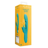 Жълта кутия на вибратора Flapping G-Spot Butterfly с тюркоазен продукт с пеперуда на лицевата страна и таблица със спецификации отстрани