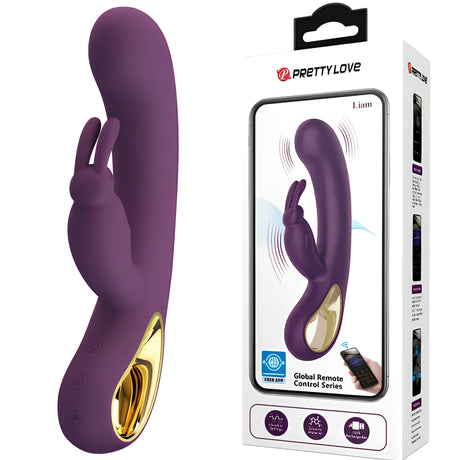 Вибратор Liam на Pretty Love в лилаво със златист елемент до опаковката с надпис Global Remote Control Series