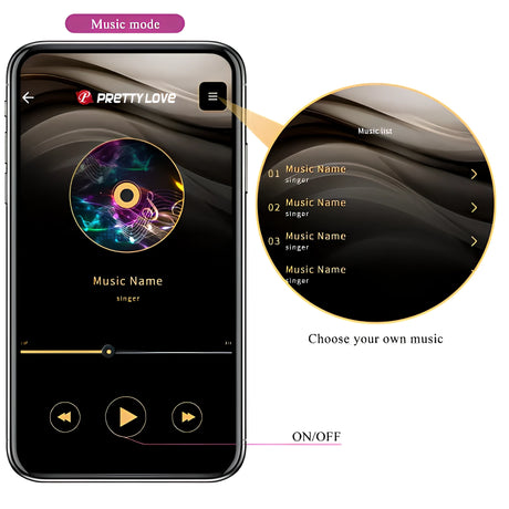 Екран на приложението Pretty Love в режим „Music mode“ със списък с песни и надпис „Choose your own music“, бутонът ON/OFF е означен