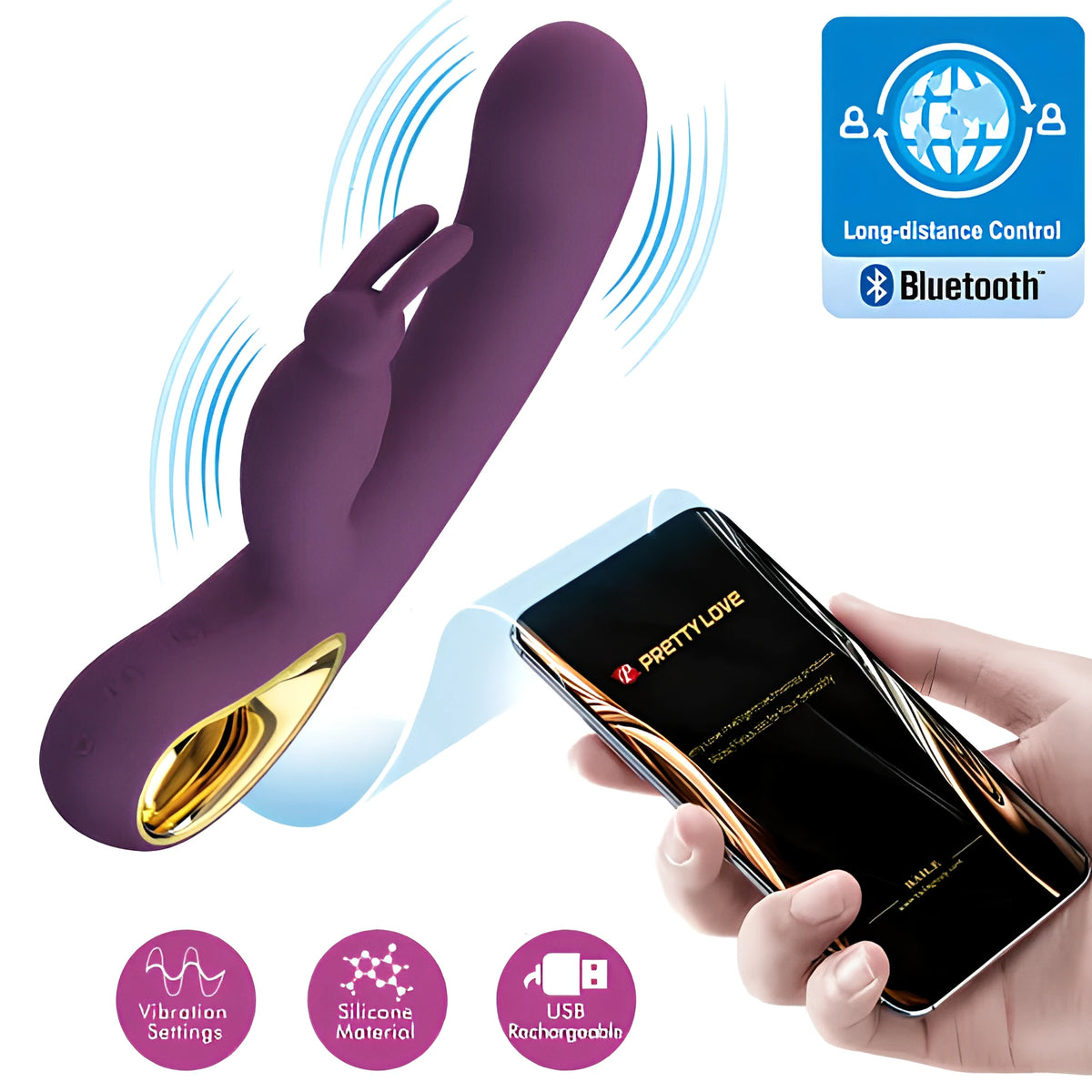 Лилав вибратор Liam на Pretty Love със златист елемент, смартфон с приложението и икони: Bluetooth, дистанционно управление, силикон, USB зареждане