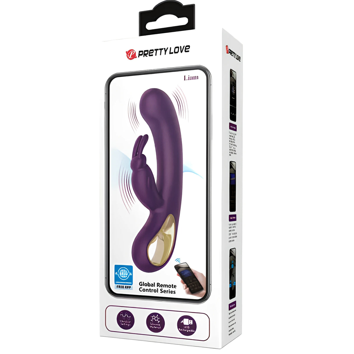 Кутия на вибратор Liam на Pretty Love с лилав вибратор, надпис Global Remote Control Series и телефон с приложение