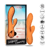 Вибратор Newport Beach Babe в оранжев цвят до кутията си от серията California Dreaming, с икони за функции, силикон и USB зареждане