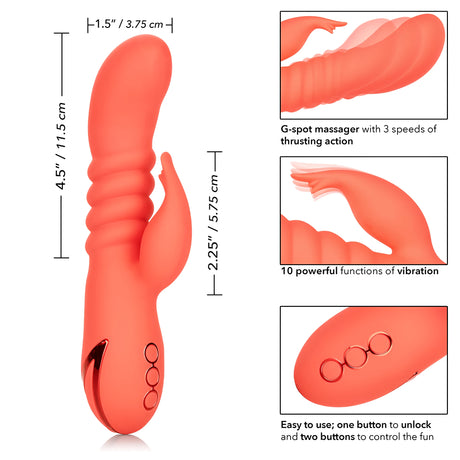 Вибратор Orange Country Cutie в корал цвят с размери: 11,5 см височина, 5,75 см рамо, 3,75 см ширина, и три примера за функциите му