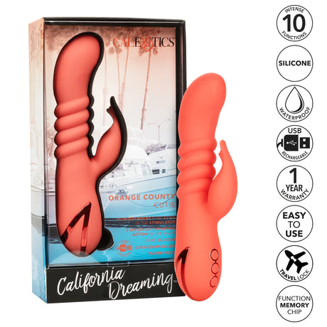 Вибратор Orange Country Cutie в кутия California Dreaming до самия продукт в корал, с икони за 10 функции, силикон, водоустойчивост и USB зареждане