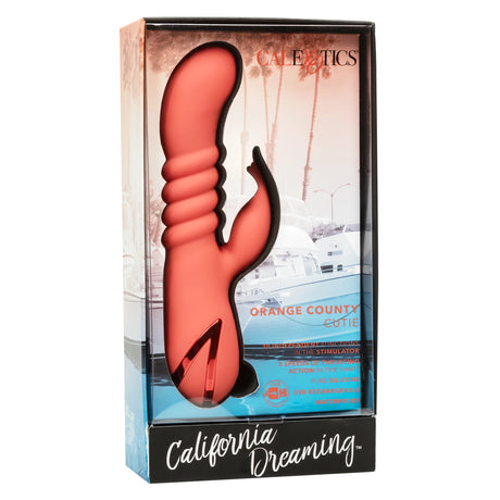 Кутия на вибратор Orange Country Cutie от серията California Dreaming на CalExotics, с коралов силиконов вибратор зад прозрачен прозорец