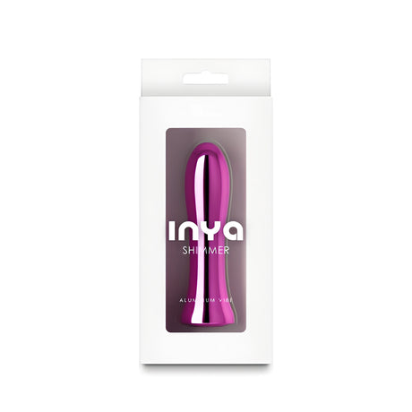 Бяла кутия на вибратор Inya Shimmer с прозорец, през който се вижда лъскавият розов метален вибратор; надпис „Aluminum Vibe“