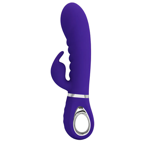 Вибратор Prescott Purple на Pretty Love в лилав силикон, отстрани: странично рамо, сребрист пръстен и дръжка с метален отвор