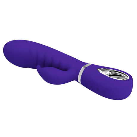 Вибратор Prescott Purple на Pretty Love в лилаво – страничен изглед на извития корпус, малкия израстък и сребристия пръстен над дръжката с бутони