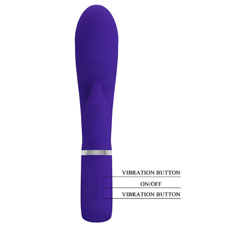 Вибратор Prescott Purple на Pretty Love в лилаво, отпред, с обозначени бутони за вибрация и бутон за включване/изключване