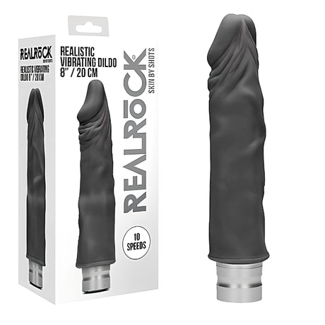 Вибратор Realrock 20 см в черно до бялата си кутия с надпис „10 speeds“, с метална капачка на основата