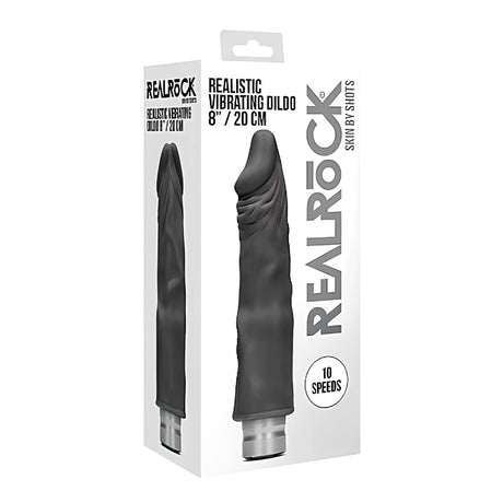 Бяла кутия на вибратор Realrock Shots, 20 см, с черен продукт на лицевата и страничната страна и надпис „10 speeds“