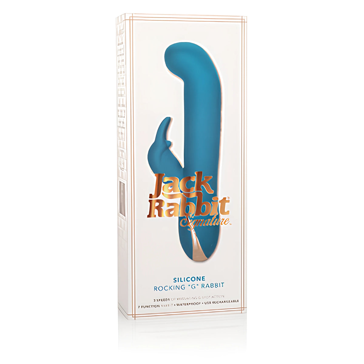 Бяла кутия на вибратор Jack Rabbit Signature Silicone Rocking G Rabbit с прозорец, през който се вижда синьо-зеленият продукт