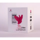 Бяла кутия на Realov Lydia I Smart Butterfly Vibe с розова пеперуда и телефон с приложението; на страничната стена са QR код и бутони за изтегляне