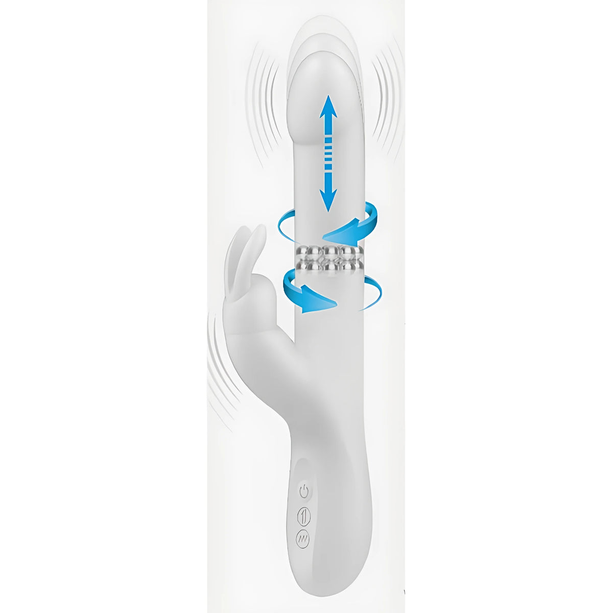 Инфографика на вибратор Reese на Pretty Love: сини стрелки показват тласкащо движение нагоре-надолу и въртене на перлите, вибрации при ухото