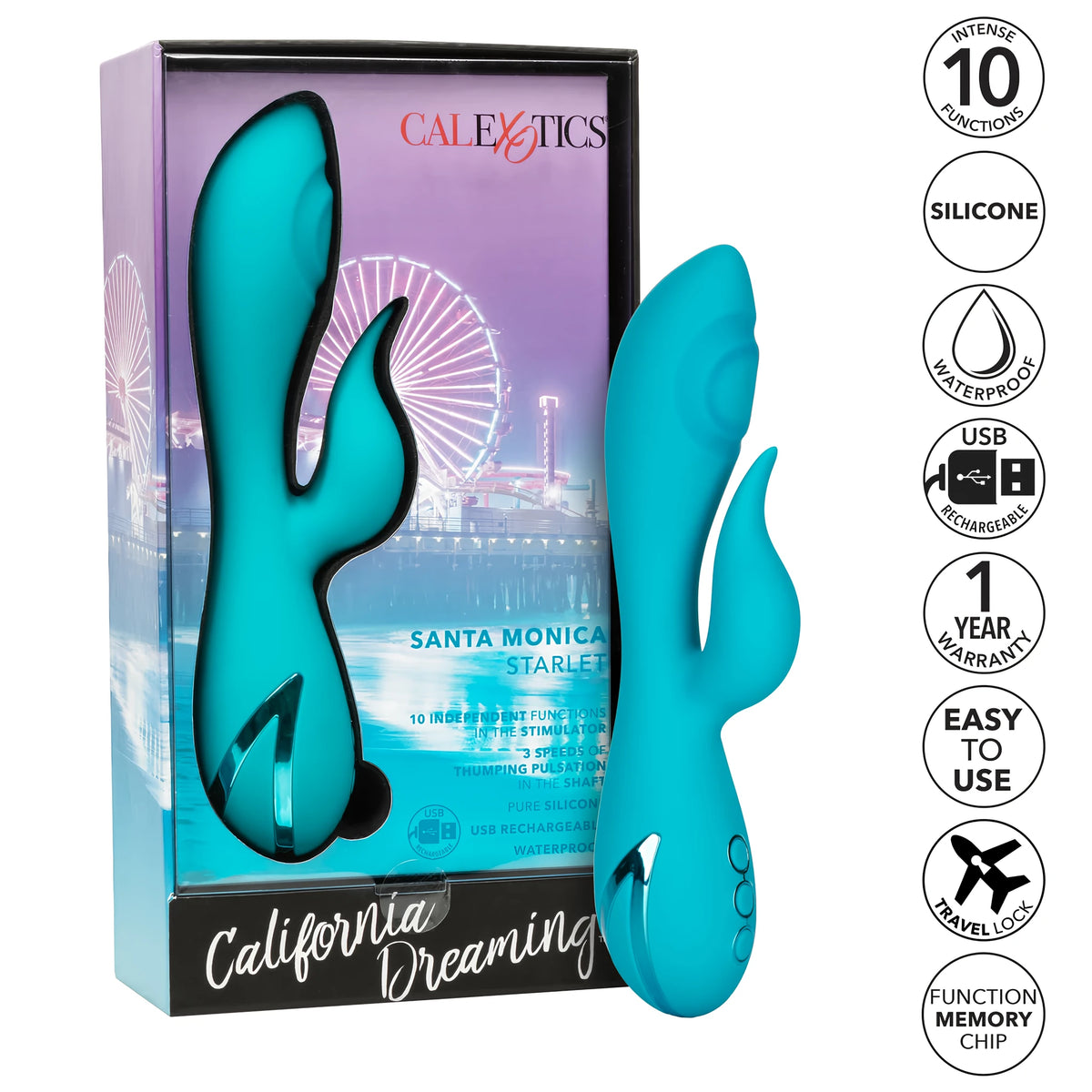 Вибратор Santa Monica Starlet в тюркоазен цвят до кутията от серията California Dreaming, с иконки за 10 функции, силикон и USB зареждане