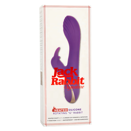 Бяла кутия на Jack Rabbit Signature с лилав вибратор, надпис Heated Silicone Rotating G Rabbit и червена рамка