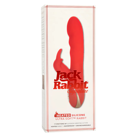 Предна страна на кутията на Jack Rabbit Signature Heated Ultra-Soft с червен вибратор и надписи за затопляне, водоустойчивост и USB зареждане