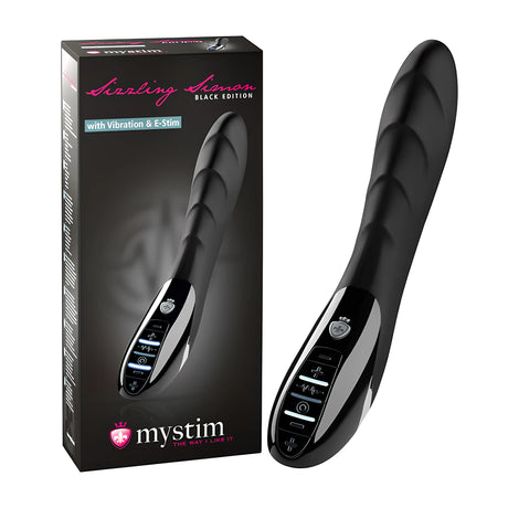 Вибратор Sizzling Simon Black Edition на mystim с електростимулация до черната си кутия, със сензорни бутони на дръжката