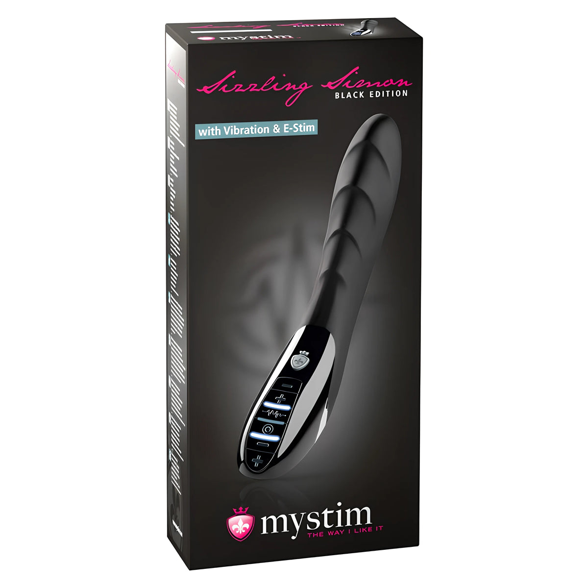 Черна кутия на вибратор Sizzling Simon Black Edition на Mystim с надпис „with Vibration & E-Stim“ и изображение на уреда с контролен панел