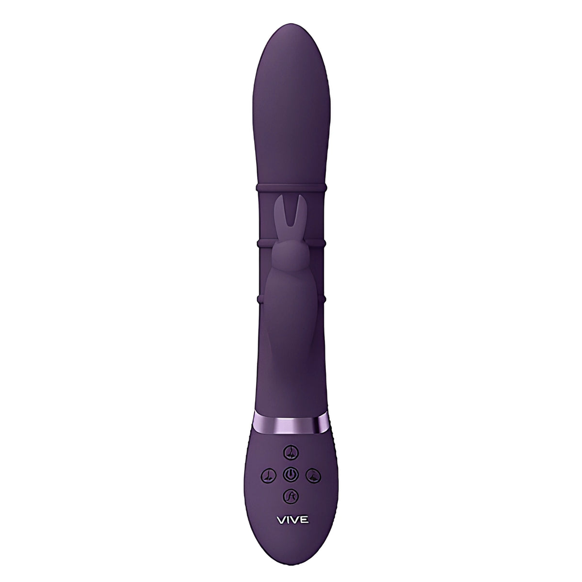 Вибратор Sora на Vive в лилаво, изглед отпред: заоблен връх, малко ушенце-стимулатор, три релефни пръстена и бутони за управление на дръжката