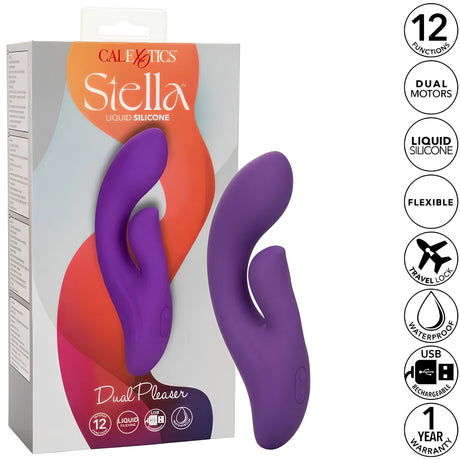 Вибратор Stella Dual Pleaser в лилав цвят до кутията си, с икони за 12 функции, два мотора, силикон, пътническо заключване, водоустойчивост, USB зареждане и 1 година гаранция