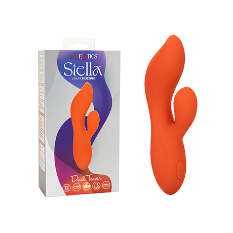 Вибратор Stella Dual Teaser в оранжев силикон до кутията си с надпис CalExotics Stella Liquid Silicone