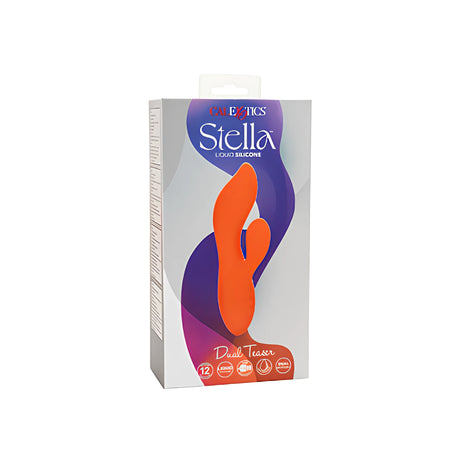 Предна страна на кутията на Stella Dual Teaser от CalExotics с оранжевия вибратор, надпис Liquid Silicone и лилав фон