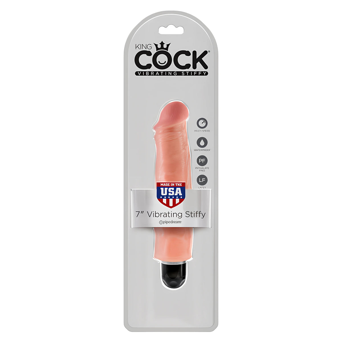 Вибратор King Cock Vibrating Stiffy 7" в сива опаковка с надпис Made in USA и икони за водоустойчивост, без фталати и латекс