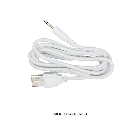 Бял USB кабел за зареждане с тънък кръгъл накрайник към вибратор Ternence на Pretty Love, с надпис USB Rechargeable