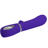 Вибратор Thomas Purple на Pretty Love в лилав силикон със сребрист пръстен и метален панел с бутони на дръжката, общ изглед отстрани