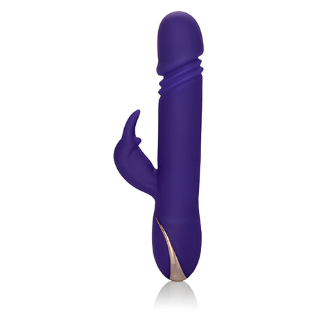 Вибратор Thrusting Rabbit Signature на California Exotic в лилав цвят, поглед отпред с малко рамо отстрани и златиста вложка на дръжката