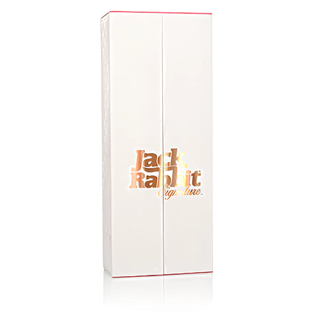 Бяла кутия на вибратор Thrusting Rabbit Signature с червена кант линия и златист надпис Jack Rabbit Signature на предната страна
