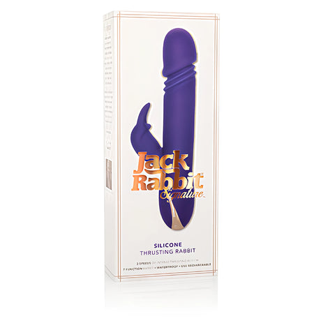 Бяла кутия на вибратор Jack Rabbit Signature Thrusting Rabbit с лилав силиконов уред на лицевата страна и надпис Silicone
