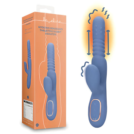 Вибратор Warming Rotating Beads and Thrusting на Shots в синьо до оранжевата си кутия, с стрелки за движение, вибрация и затопляне