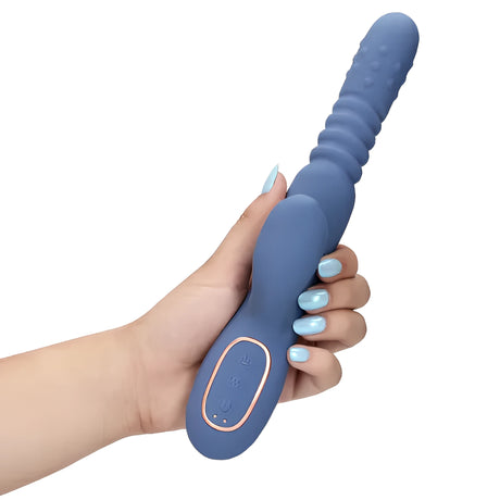 Вибраторът Warming Rotating Beads and Thrusting на Shots в синьо, държан в ръка за показване на размера и бутоните за управление