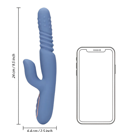 Вибратор Warming Rotating Beads and Thrusting в синьо до силует на смартфон за сравнение на размера; височина 24 см, ширина 6,4 см