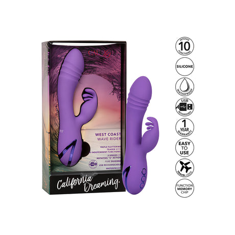 Вибратор West Coast Wave Rider в лилаво до кутията си от серията California Dreaming, с икони за 10 функции, силикон и USB зареждане