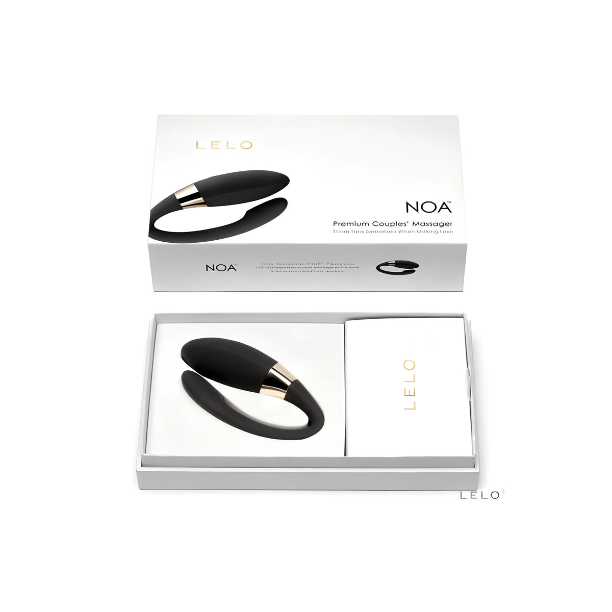 Lelo Noa: бялата кутия с надпис „Premium Couples' Massager“ и отворена кутия с черния масажатор със златист detail до бяла карта с лого