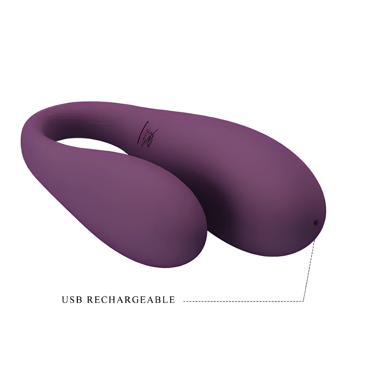 Вибратор за двойки August на Pretty Love в лилаво, U-образна форма, с надпис USB RECHARGEABLE към порта за зареждане