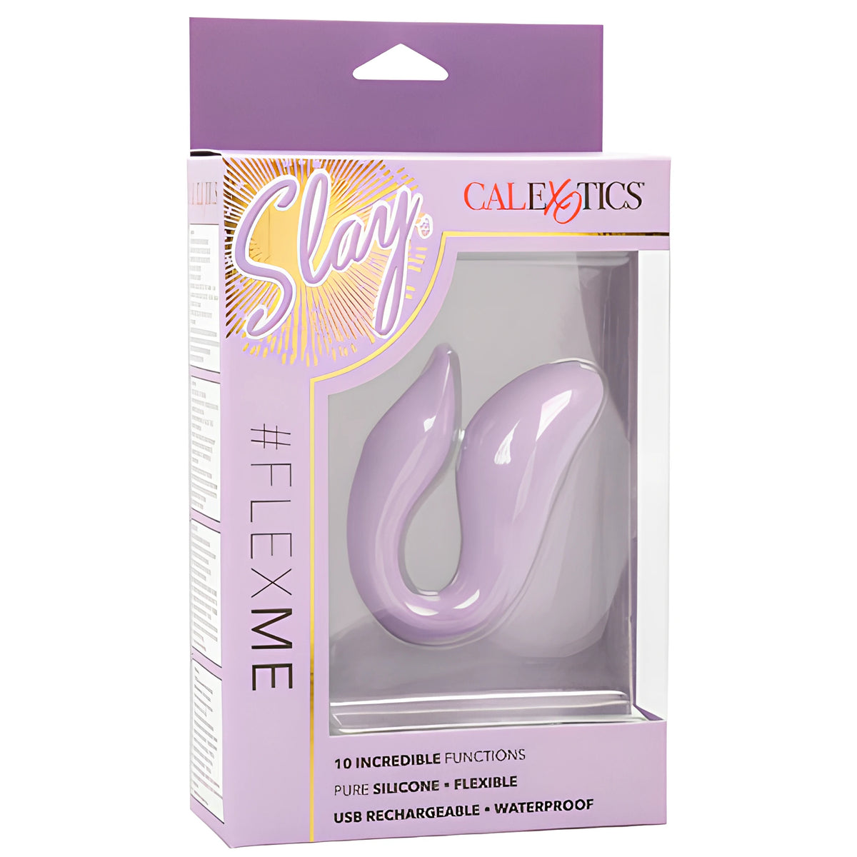 Лилава кутия на вибратор за двойки Slay #FlexMe на CalExotics с прозорец, през който се вижда гъвкавото лилаво изделие