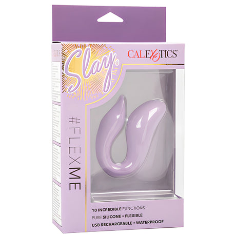 Лилава кутия на вибратор за двойки Slay #FlexMe на CalExotics с прозорец, през който се вижда гъвкавото лилаво изделие