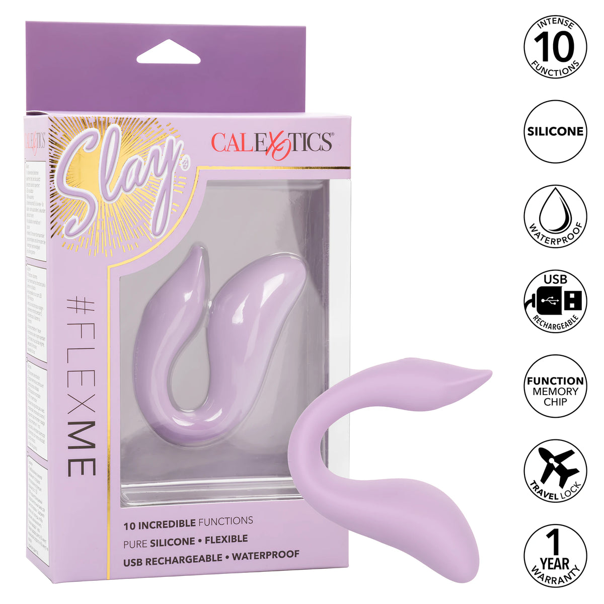 Лилава кутия на Slay #FlexMe на CalExotics с вибратора отпред и до нея иконки: 10 функции, силикон, водоустойчивост, USB, 1 година гаранция