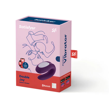 Розова кутия на Satisfyer Double Joy в три четвърти изглед, с лилавия вибратор, надпис Partner Vibrator и Bluetooth лого