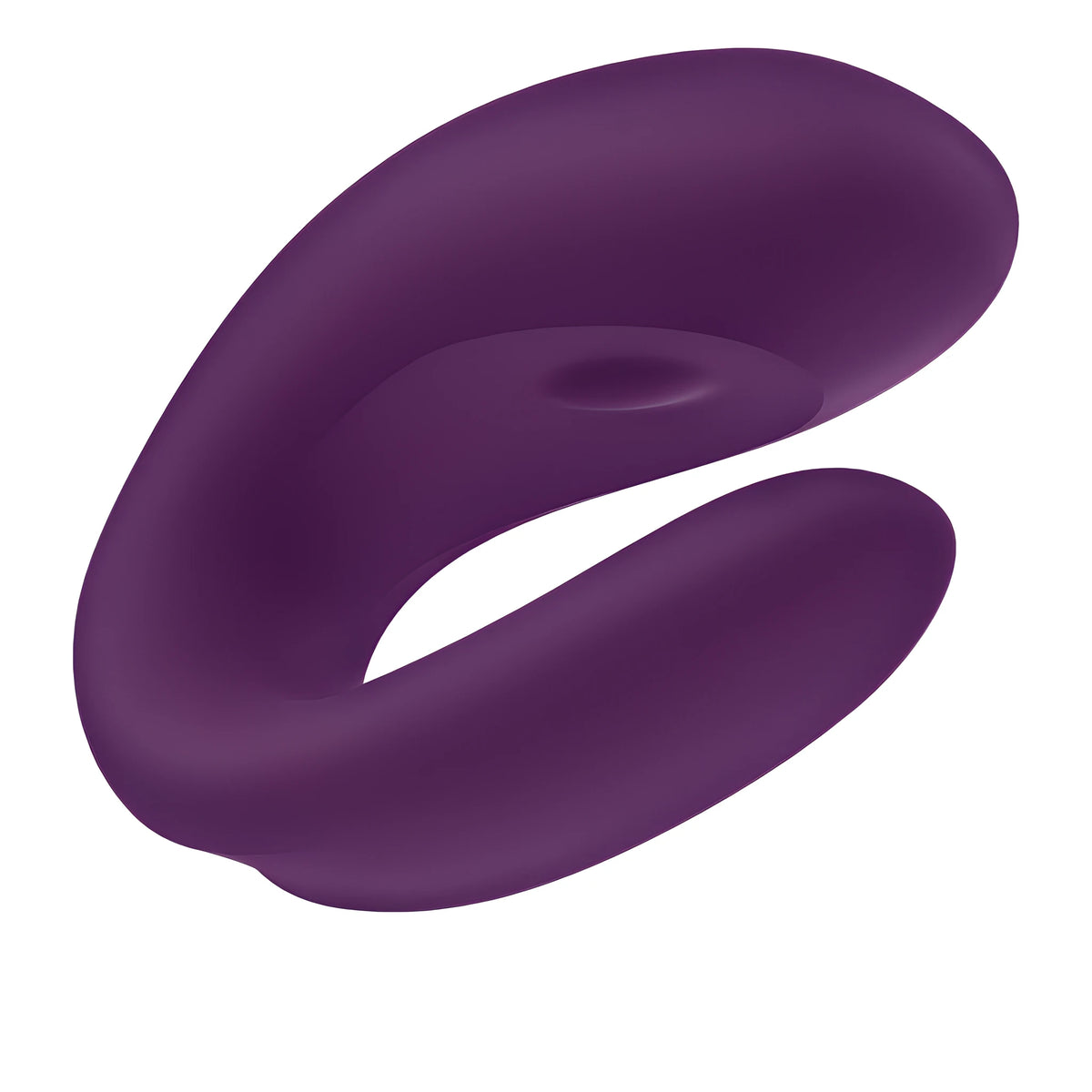 Вибратор за двойки Satisfyer Double Joy в лилав цвят, гладък силиконов корпус с U-образна извивка, изглед отгоре под ъгъл