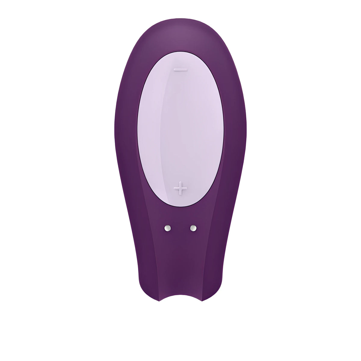 Satisfyer Double Joy в лилав цвят, изглед отгоре: светла овална контролна зона с бутони плюс и минус и две контактни точки
