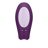 Satisfyer Double Joy в лилав цвят, изглед отгоре: светла овална контролна зона с бутони плюс и минус и две контактни точки
