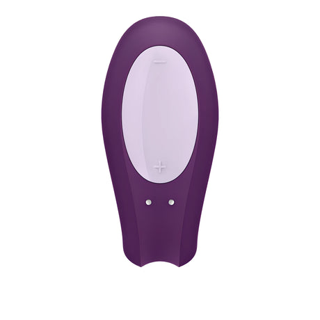 Satisfyer Double Joy в лилав цвят, изглед отгоре: светла овална контролна зона с бутони плюс и минус и две контактни точки